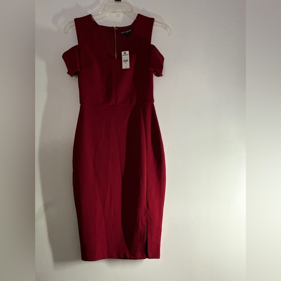 Express Red Mini Bodycon Dollman Sleeve Dress With A Split - Picture 3 of 6